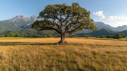 Obraz premium Lone tree in field, mountains background, nature, scenic wallpaper