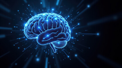 A stylized digital illustration featuring a human brain with a glowing blue hue against a starry background, symbolizing artificial general intelligence.