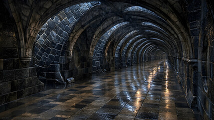 Naklejka premium Dark stone archway corridor, wet floor, reflections, mystery