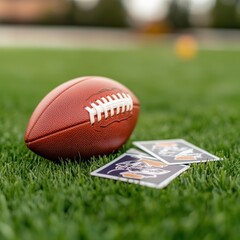 Obraz premium Football on Green Grass with Cards.