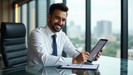 Confident business professional using digital technology in modern office