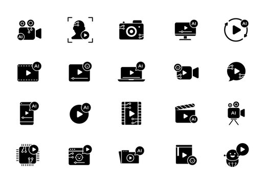 Black and White AI Video Editing Media Icons Set