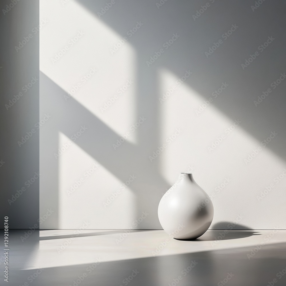 Poster minimalist white vase casting shadows in a bright room with natural light in the morning. generative