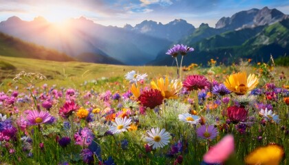 Obraz premium Colorful wildflowers carpeting mountain meadow, glowing under warm sunset light