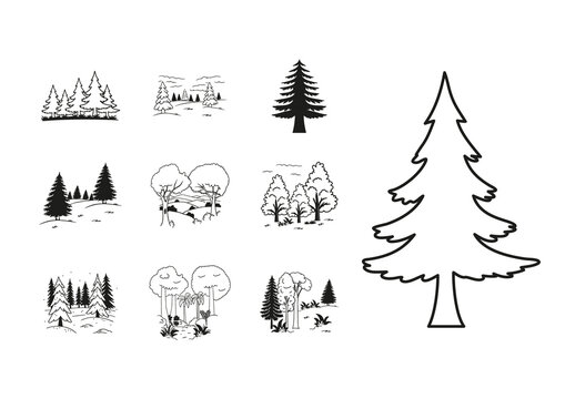 Black Forest and Trees Silhouette Nature Icons Set