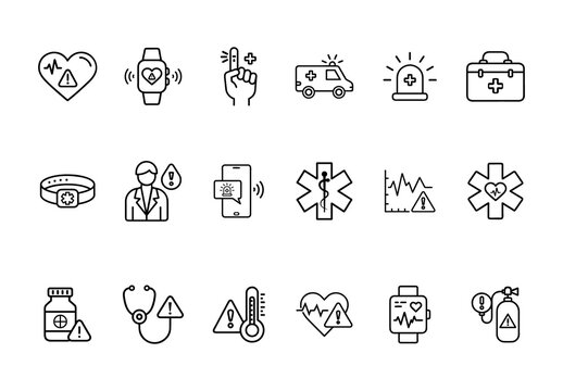 Black Medical Alert Emergency Healthcare Icons Set