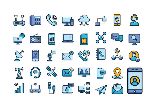 Blue Telecommunications Industry Technology Icons Set