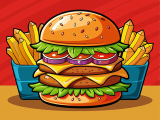 vector of Juicy Cheeseburger with Crispy Fries