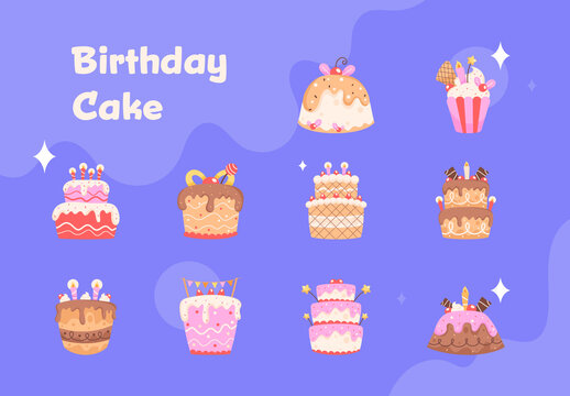 Colorful Birthday Cake Festive Dessert Illustration Set