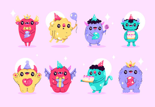 Colorful Cute Fantasy Birthday Monster Illustration Set