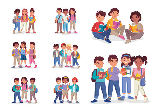 Colorful Diverse Group of School Students Illustration Set