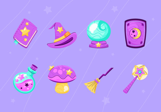 Colorful Fantasy Magic Wizard Objects Icons Set