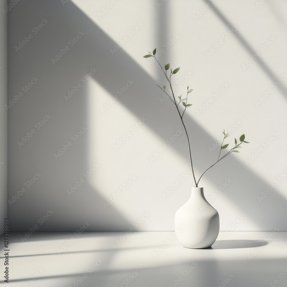 Poster minimalist vase with branches casting shadows in a bright room during morning light. generative ai
