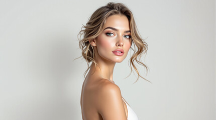 Fototapeta premium Beautiful woman posing with soft expression against neutral background