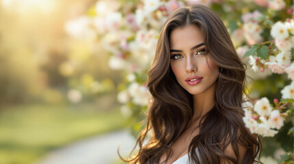Fototapeta premium Young woman smiling among blooming flowers