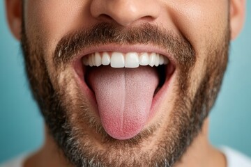 Fototapeta premium A man cleans his tongue with a tongue scraper - a trend in oral hygiene. 