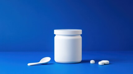 white supplement bottle with pills and spoon on blue