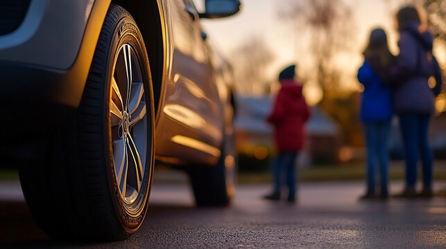 Family returns home at sunset, suburban street