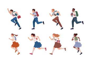 Colorful School Kids Running Backpack Illustration Set