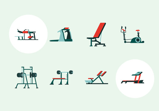 Colorful Gym Machines Fitness Equipment Illustration Set