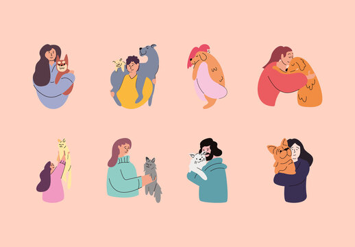 Colorful People Hugging Pets Illustration Set