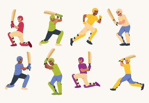 Colorful Cricket Players Action Illustration Set
