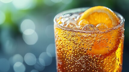 Iced orange beverage with bubbles in glass.