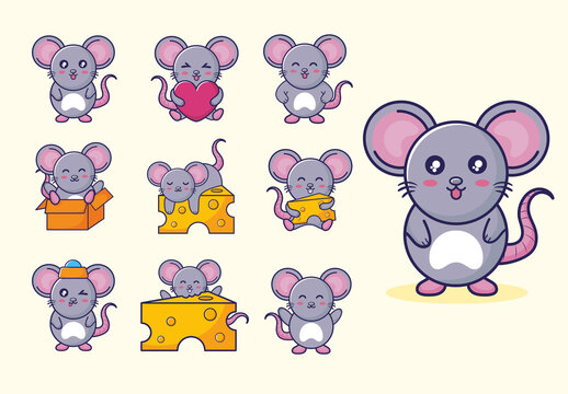 Grey Cute Mouse Cartoon Character Illustration Set