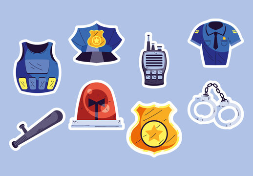 Blue and Yellow Police Equipment Security Illustration Set