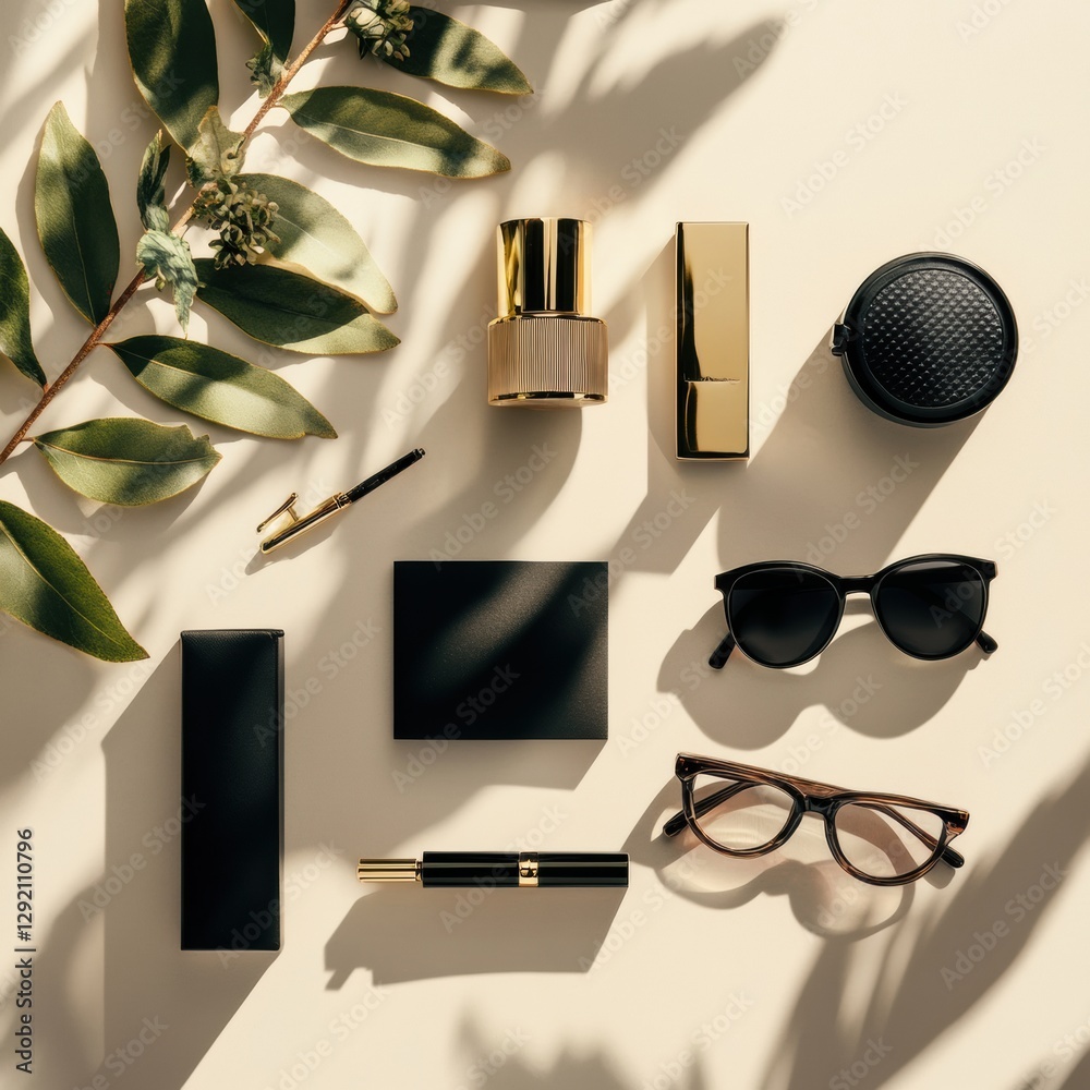 Poster Luxury accessories arranged elegantly with stylish sunglasses and fragrance on a soft surface during daylight. Generative AI