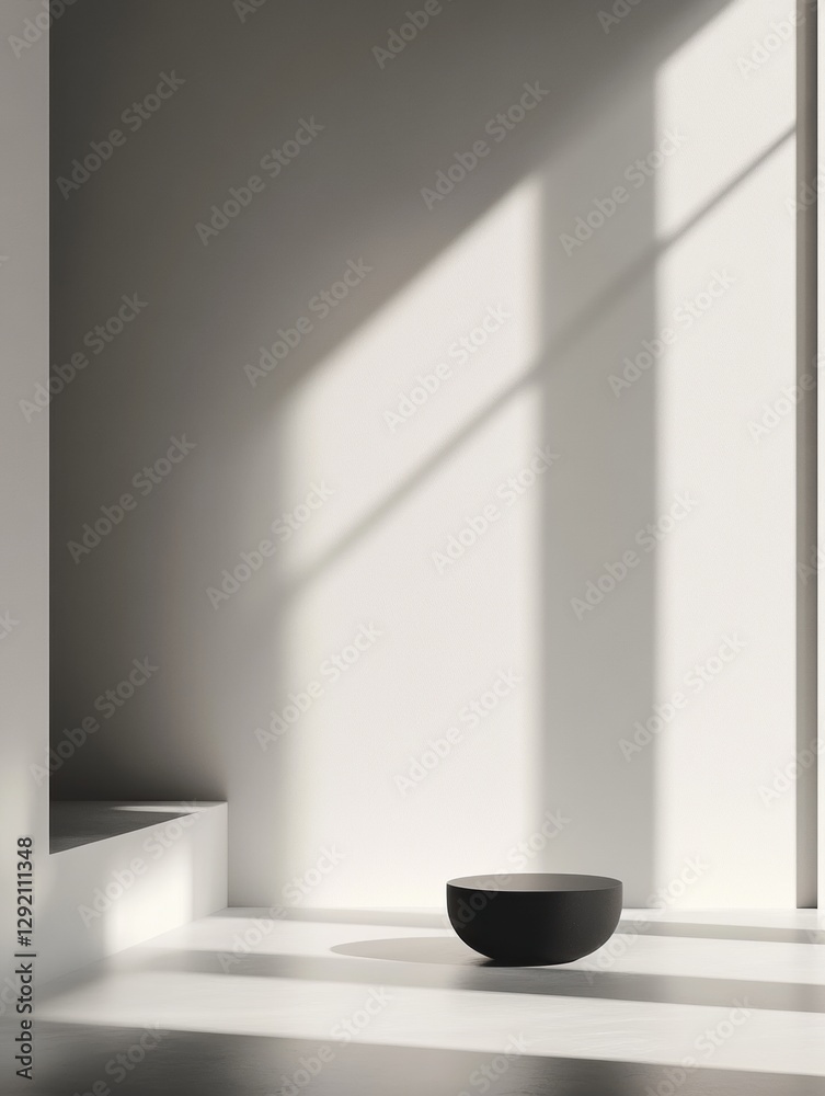 Aufkleber Minimalist black bowl placed on a white surface illuminated by natural light in a serene indoor space. Generative AI