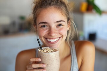 Girl drinking smoothie after workout, smiling and energetic . 