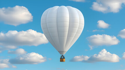 Naklejka premium White hot air balloon floats in blue sky, clouds background; travel, adventure