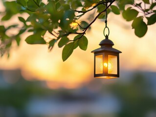 lantern hanging from tree branch at sunset