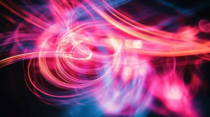 Naklejka premium Abstract Pink and Red Light Trails on Black Background - Modern Fluid Motion Design