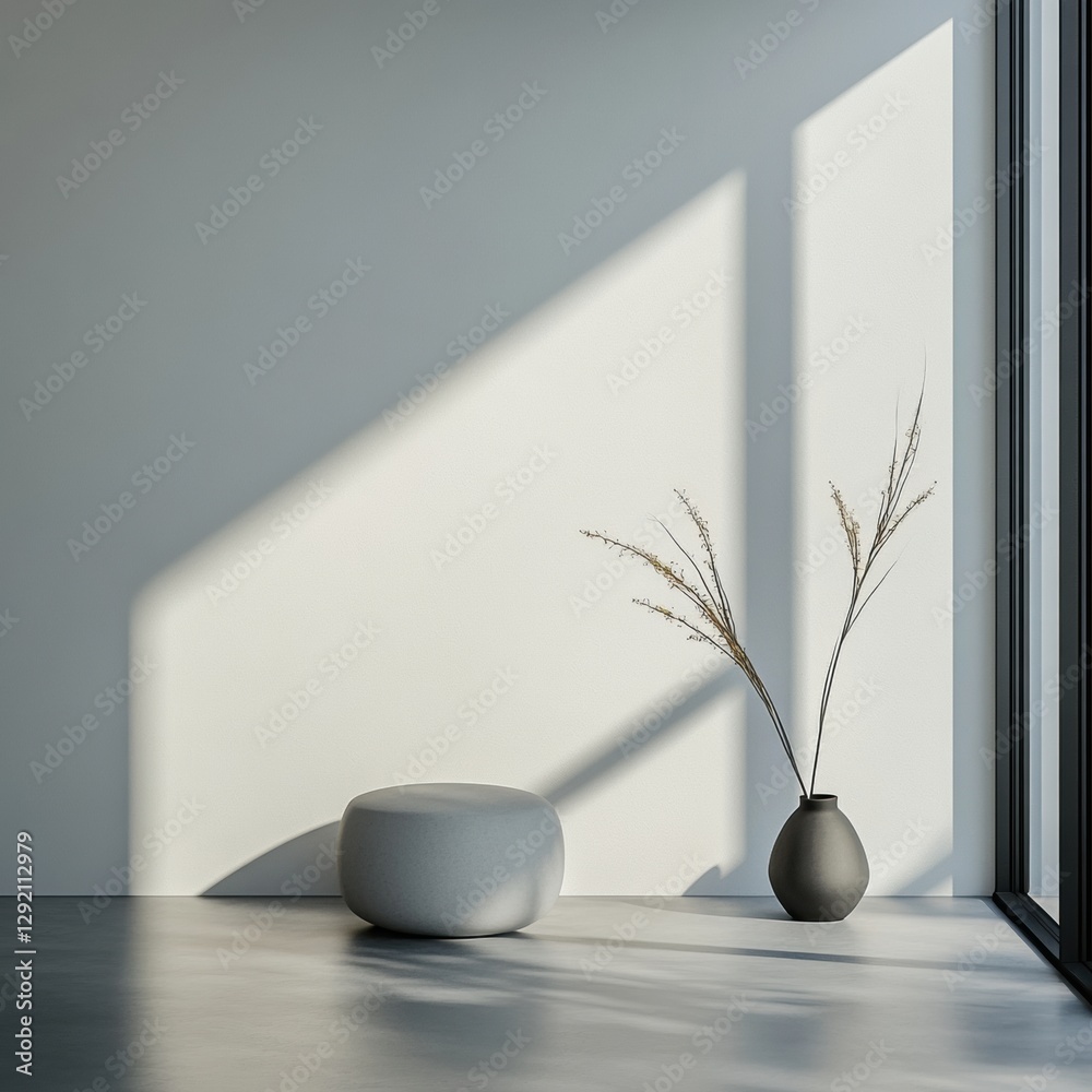 Poster modern minimalistic interior with natural light and decor in a serene atmosphere. generative ai