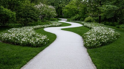 Winding garden path, spring blossoms, green lawn, peaceful retreat, landscape design