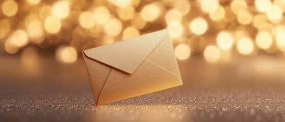 golden envelope on sparkling surface with bokeh background