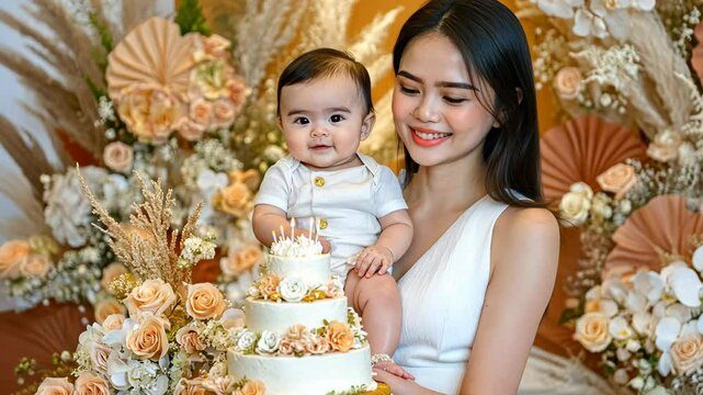 Celebrating a baby's first birthday with a beautiful cake and floral decorations at a joyful gathering