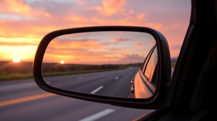 Close-up car side mirror, blurry road and sunset