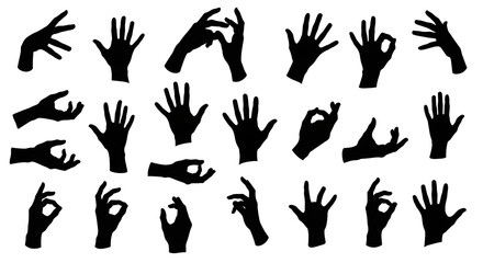 A collection of various hand gestures displayed in silhouette, representing different meanings and expressions.