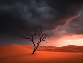 Lone Tree in Desert Landscape Under Stormy Sky