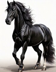 Big black beautiful 3D realistic horse with wavy hair