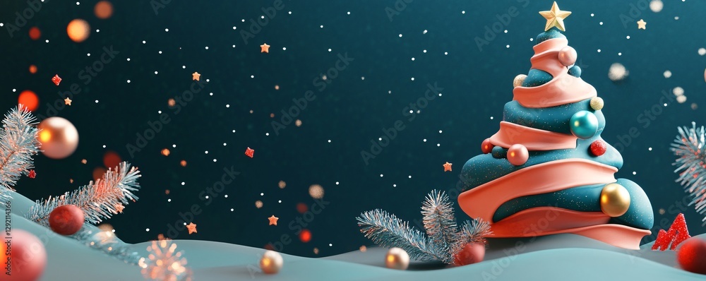 Poster abstract christmas tree standing on snowy hill with falling snowflakes