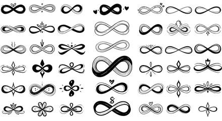 A collection of various infinity symbols, showcasing different styles and designs, perfect for artistic or decorative purposes.
