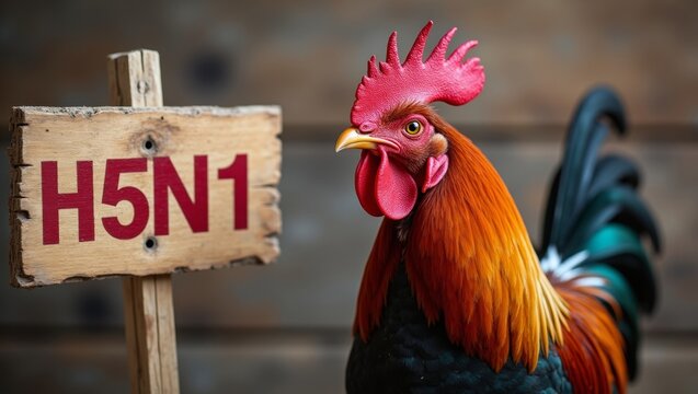 Chicken portrait with h5n1 virus sign on rustic wood