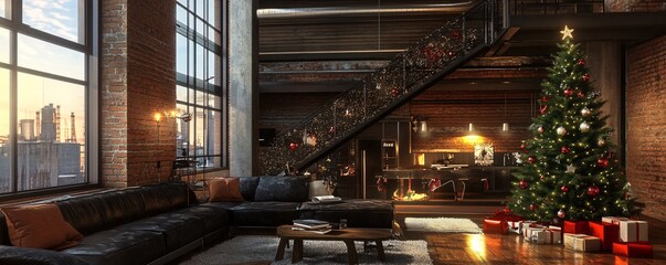 Fototapeta premium Christmas tree illuminating modern loft apartment living room