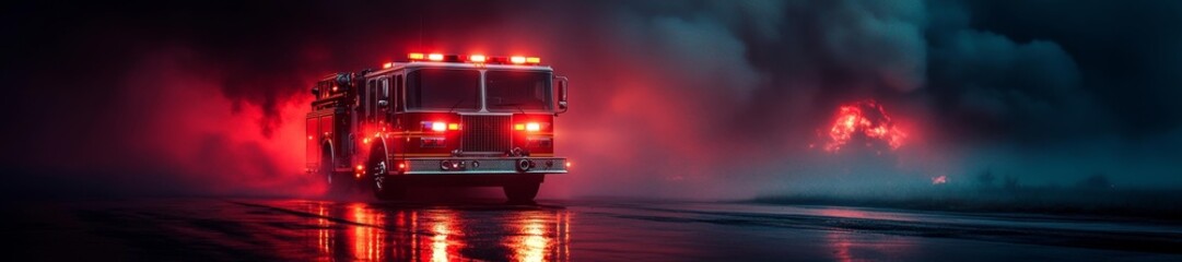 A Firetruck in Front of a Burning Building with Flashing Lights. Generative AI