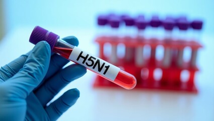 Obraz premium Gloved hand with h5n1 test tube closeup