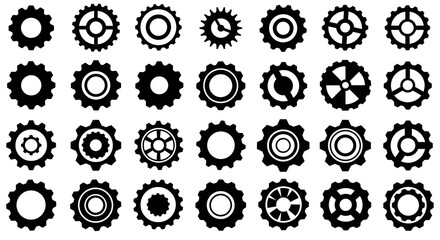 A collection of black gear icons arranged in a pattern, showcasing various designs and styles for mechanical and industrial themes.